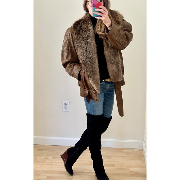 Vintage 1980s Flemington Furs Oversized Leather and Fur Winter Coat - Picture 1 of 12